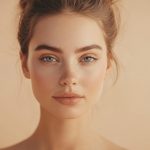 A close-up portrait of a young woman with clear, glowing skin, light freckles, and natural makeup. She has blue eyes, full eyebrows, and slightly parted lips, with her hair styled in a loose bun. The background is a soft beige color, creating a warm and minimalistic aesthetic.