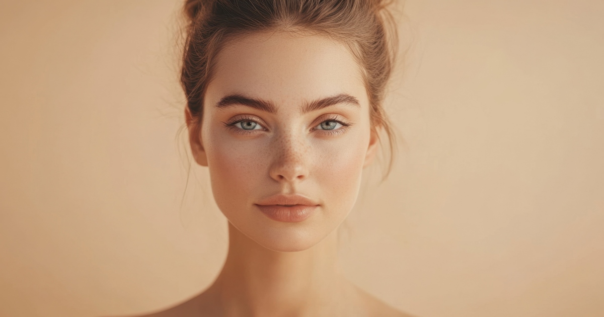 A close-up portrait of a young woman with clear, glowing skin, light freckles, and natural makeup. She has blue eyes, full eyebrows, and slightly parted lips, with her hair styled in a loose bun. The background is a soft beige color, creating a warm and minimalistic aesthetic.