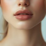 Close-up portrait of a woman’s lower face, focusing on soft, natural-toned lips and smooth skin, with loose strands of light-colored hair framing the face against a clean, minimal background.