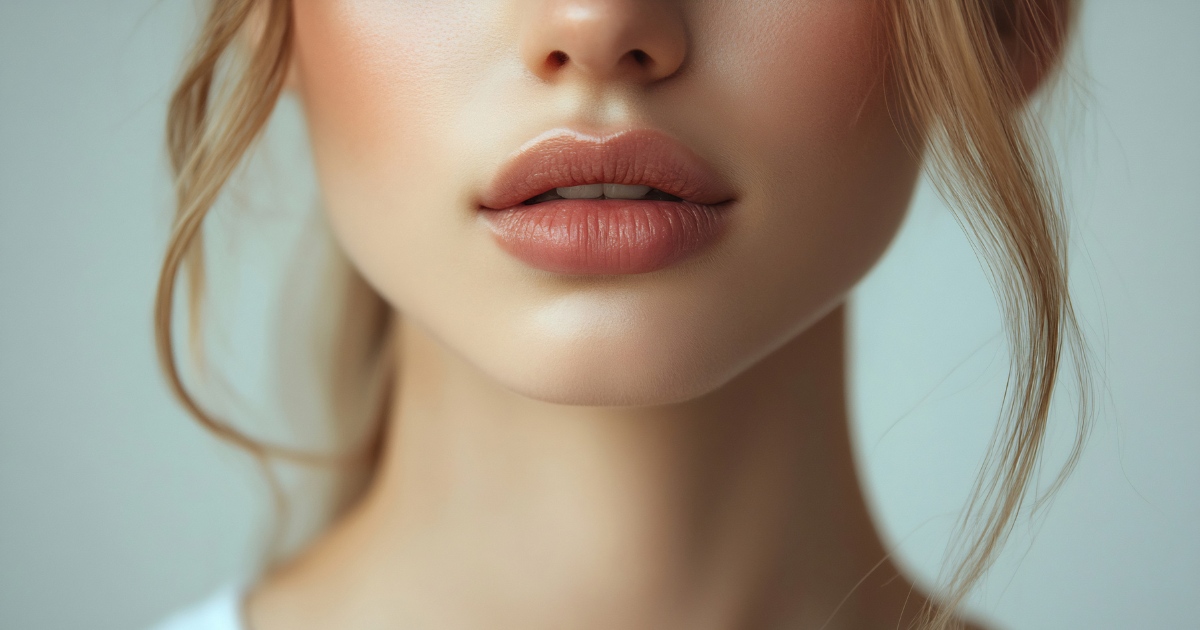 Close-up portrait of a woman’s lower face, focusing on soft, natural-toned lips and smooth skin, with loose strands of light-colored hair framing the face against a clean, minimal background.