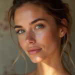 Close-up portrait of a young woman with green eyes and light brown hair styled in a loose updo.