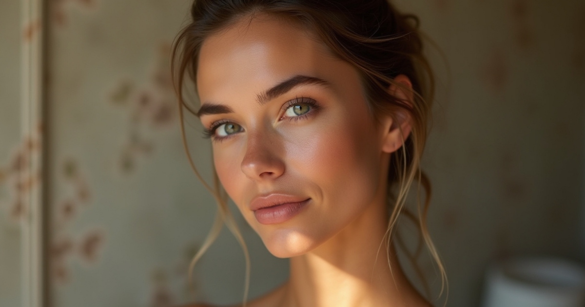 Close-up portrait of a young woman with green eyes and light brown hair styled in a loose updo.