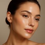 A beautiful woman in a side view with a glamourous face.