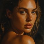 Close-up portrait of a woman with glowing skin in warm, dramatic lighting, highlighting natural beauty and facial contours.