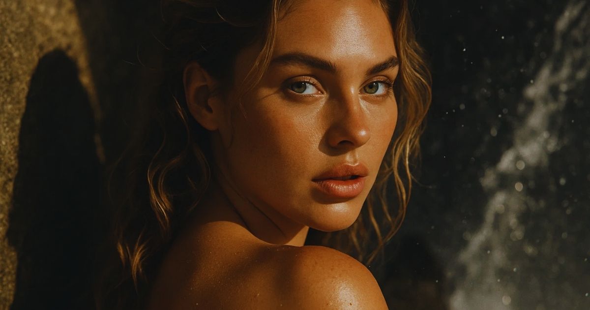 Close-up portrait of a woman with glowing skin in warm, dramatic lighting, highlighting natural beauty and facial contours.